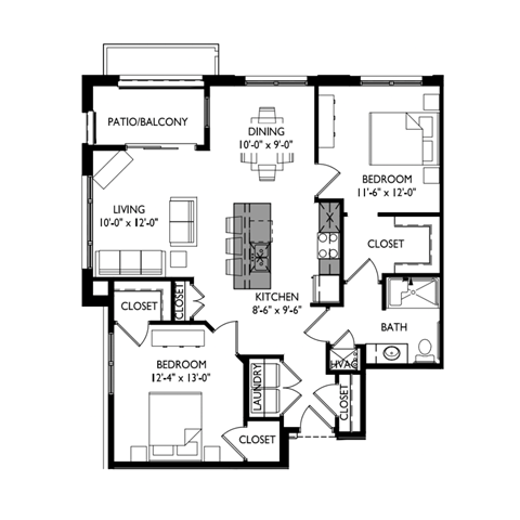 Floor plan for 2 beds, 1 bath, 1046 sqft